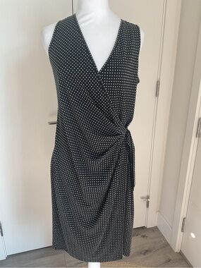 *ST. JOHN * Vintage Black Silver- Studded Polka Dot Faux Wrap with Slit Dress
